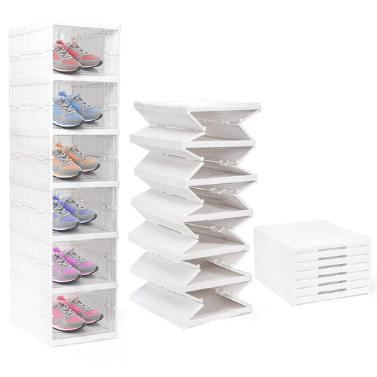 Nicunom Foldable Shoe Rack Organizer, 6-Tier Shoe Storage Box Collapsible Plastic Shoe Shelf Clear Shoe Boxes with Doors, Stackable Shoe Storage Bins Shoe Organizer for Entryway Closet