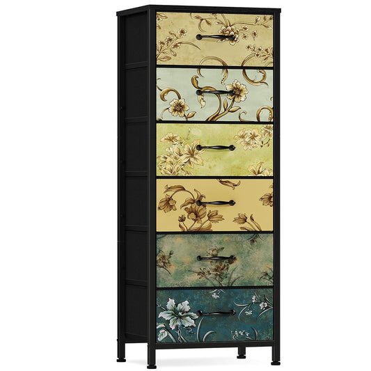 Tall 6 Drawers Dresser for Bedroom, Vintage Storage Organizer Unit | Tall Nightstand with Fabric Drawers, Retro Floral Pattern, Skinny Dresser for Closet, Dorm, Entryway, Metal Frame, Wood Top