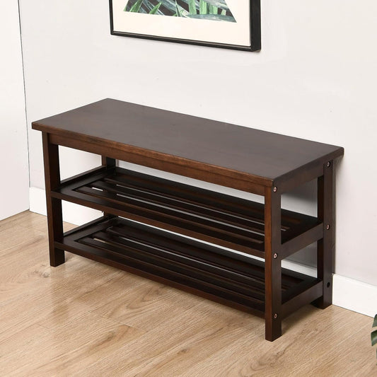 Wood Shoe Bench Rack, USA Grown Hickory, Entryway Bench with Shoe Storage, Mud Room Bathroom, Front Door, Outdoor/Indoor, Dark Walnut(Black)