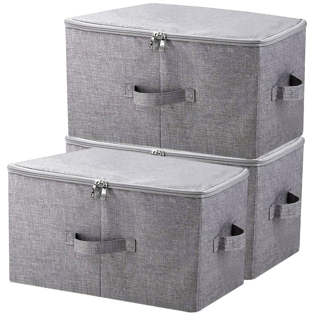 iwill CREATE PRO Pack of 3, 17.7 * 13.8 * 9.8" Stackable Folding Storage Baskets with Lid & Carry Handles & Memo Pocket, Good Wardrobe Separator Bins, Dark Gray