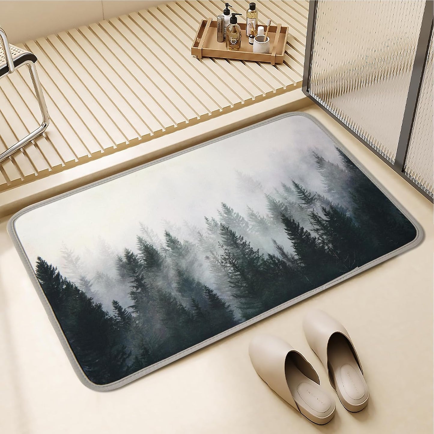 ORTIGIA Misty Forest Bathroom Rug, 16x24 Black Thin Bath Mat Doormat Floor Mat Absorbent Quick Dry Non Slip, Diatomaceous Mud Mats with Rubber Backing for Shower Tub Sink Laundry Kitchen Doorway