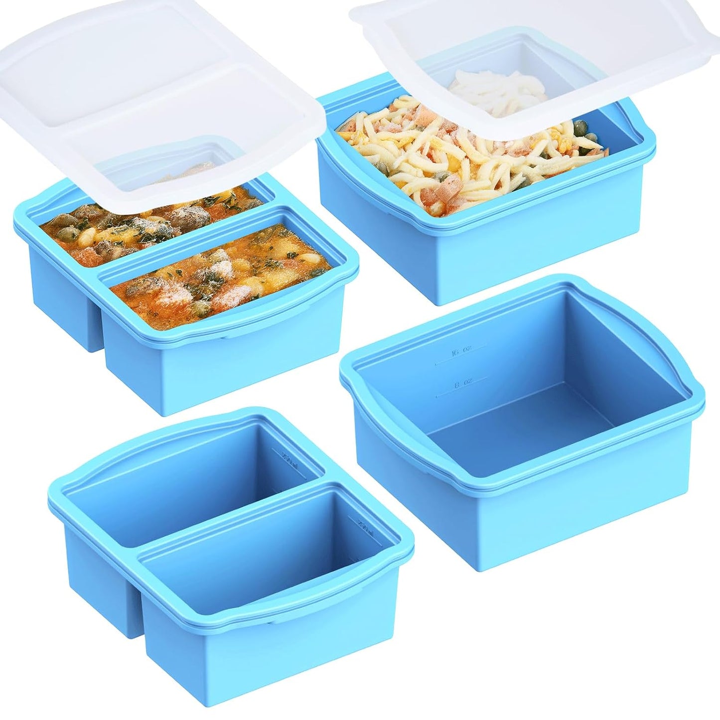 Silicone Freezer Trays with Lids, Set of 4 - with 1cup and 2 cup Silicone Freezer Molds for freezing soups, sauces and individual microwave safe