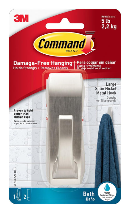 Command Large Satin Nickel Bath Hooks, 1 Hook, 2 Strips | Water Resistant, Damage-Free Hanging, Ideal for Bathroom Organization, Great for Hanging Bath Robes, Holds up to 5 lb