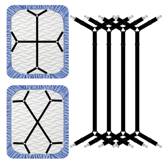 4 Pack Bed Sheet Straps Adjustable Criss - Cross Sheet Holders for Corners Heavy Duty Bed Sheet Clips Fasteners Keep Sheets in Place on Mattress Black