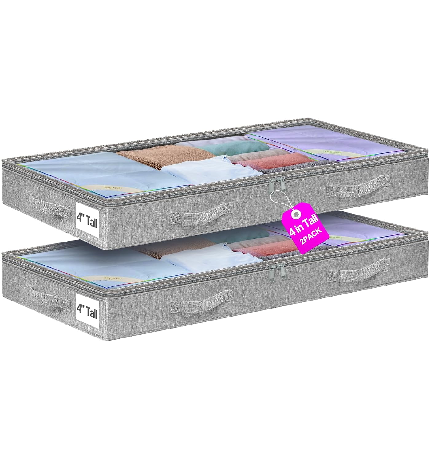 punemi 4 inch High Soft Low Profile Under Bed Storage Bins, 2 Pack, Grey | Foldable Clothes Storage Bag with Zippers & Clear Top, Shallow Design for Under Cabinet, Sofa, Crib & Bed Storage