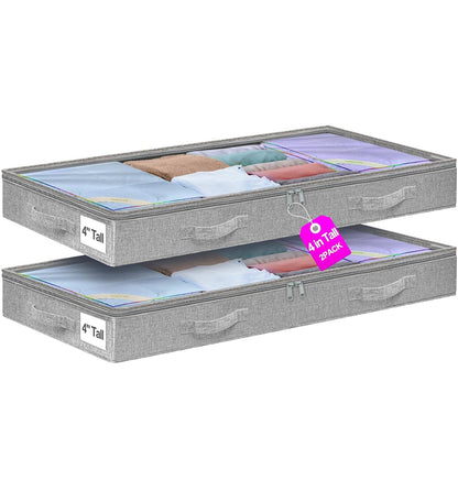 punemi 4 inch High Soft Low Profile Under Bed Storage Bins, 2 Pack, Grey | Foldable Clothes Storage Bag with Zippers & Clear Top, Shallow Design for Under Cabinet, Sofa, Crib & Bed Storage