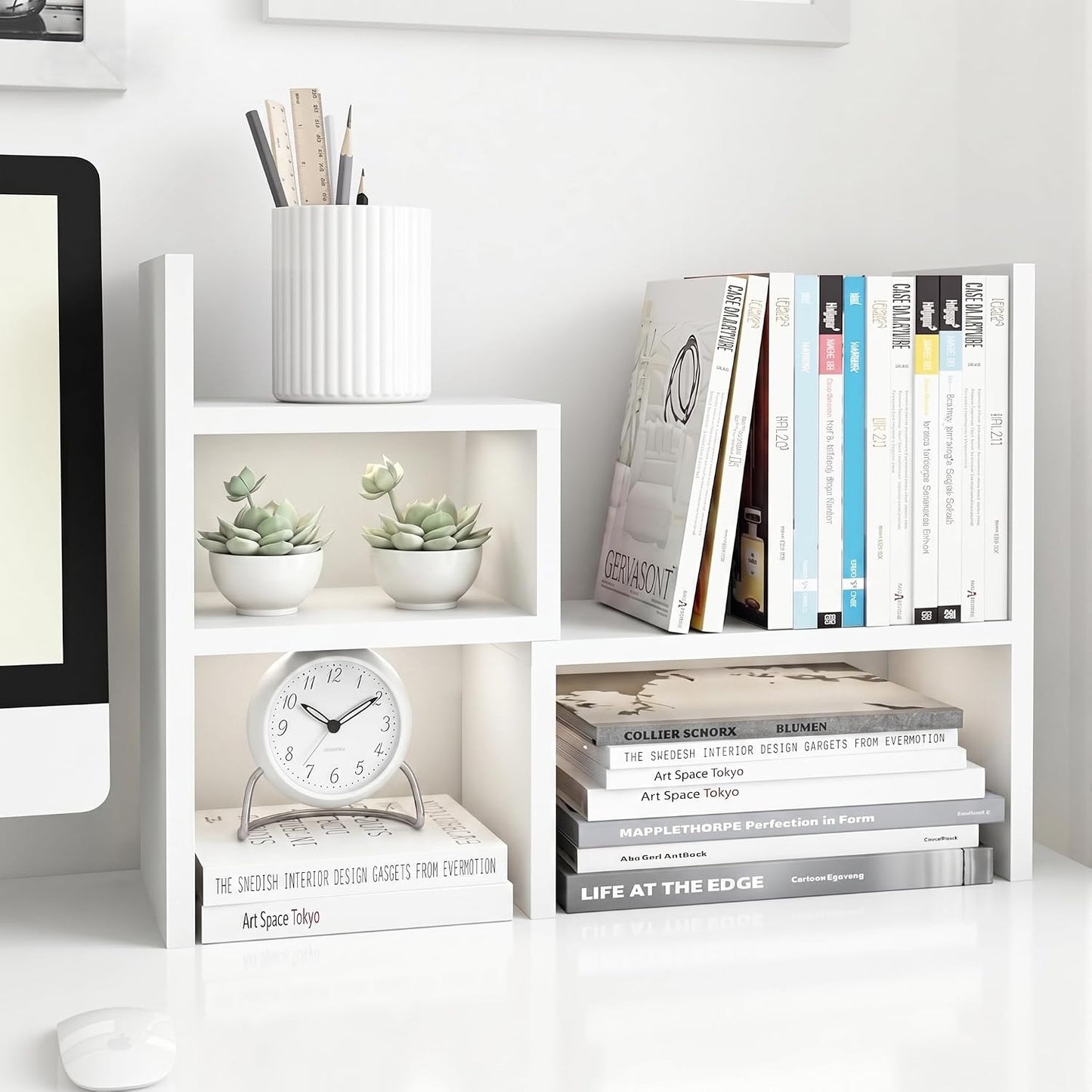 Desktop Organizer Office Storage Rack Adjustable W... (White | Engineered Wood)