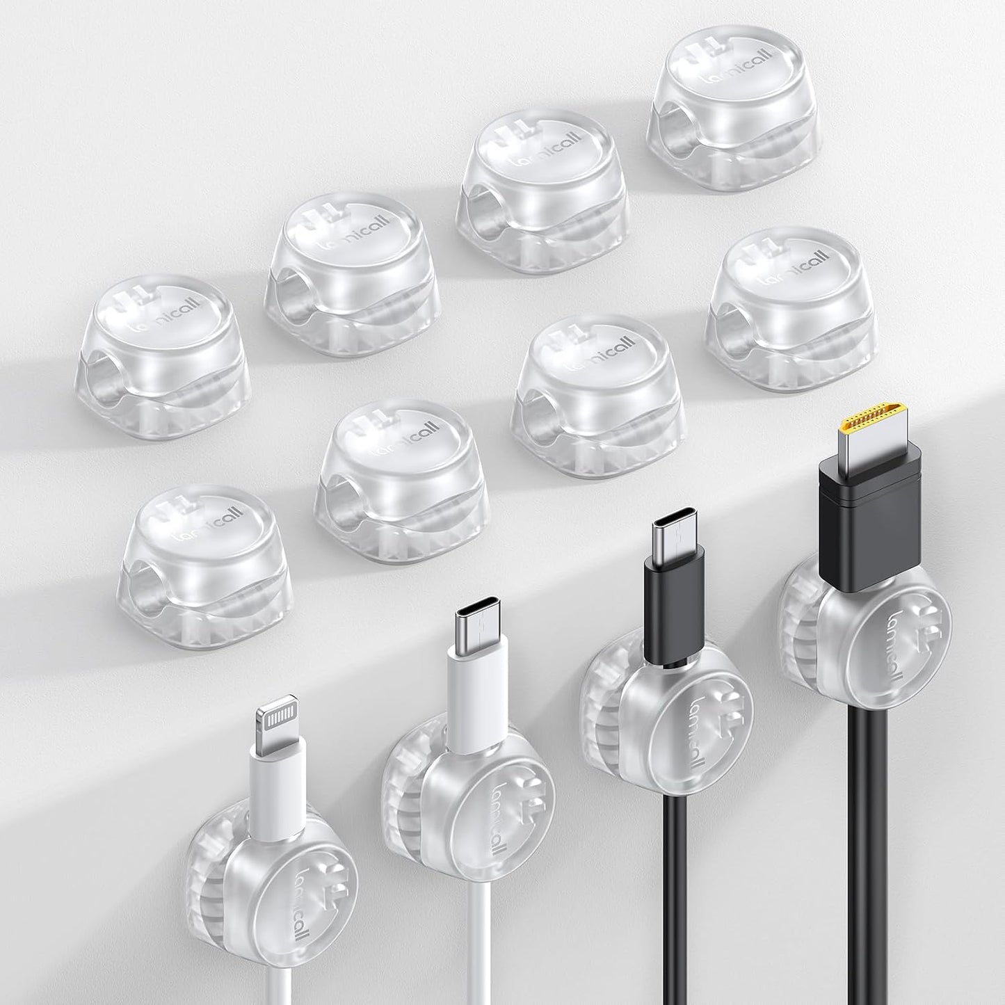 Lamicall 12 Pack Cord Organizer, [1s Lock] Spring Cable Holder Clips | Smooth Adjustable, Adhesive Phone Charger Cable Management Wire Keeper for Nightstand Desk Wall Car Office Home, Clear