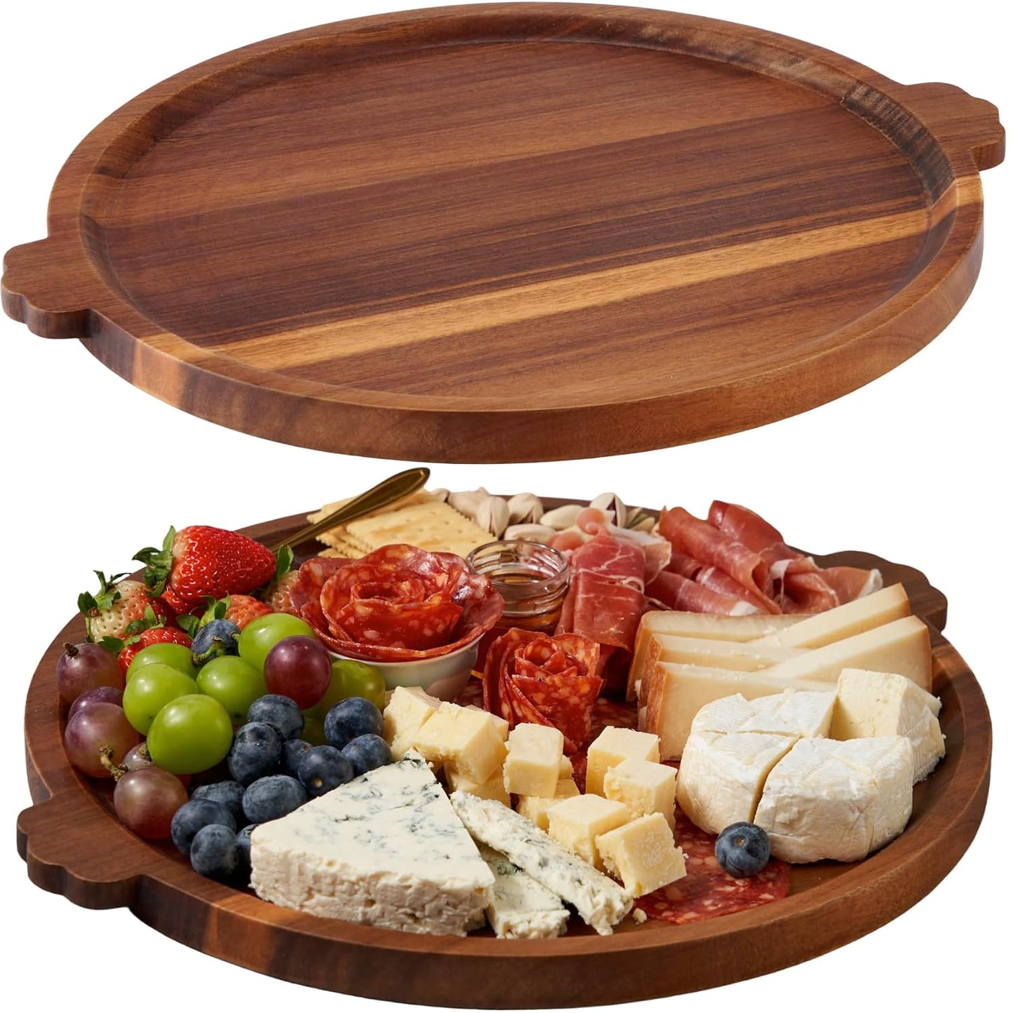 Charcuterie Board 13'' Wood Serving Platter Round Ottoman Coffee Table Tray | Acacia Wood Serving Tray with Handles, Wooden Cheese Board Circular Decorative Serving Platter for Party Supplies, 1 Board