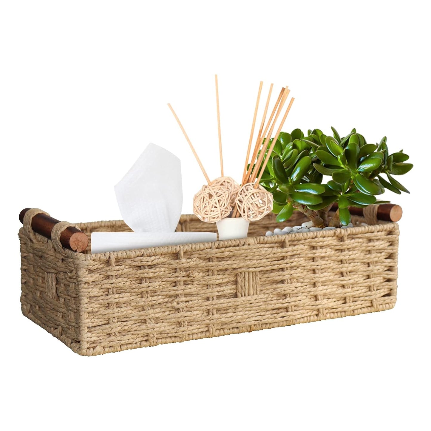STOBSK Round Paper Rope Storage Basket with Handle, Beige, 14.5in x 6.6in x 3.74in