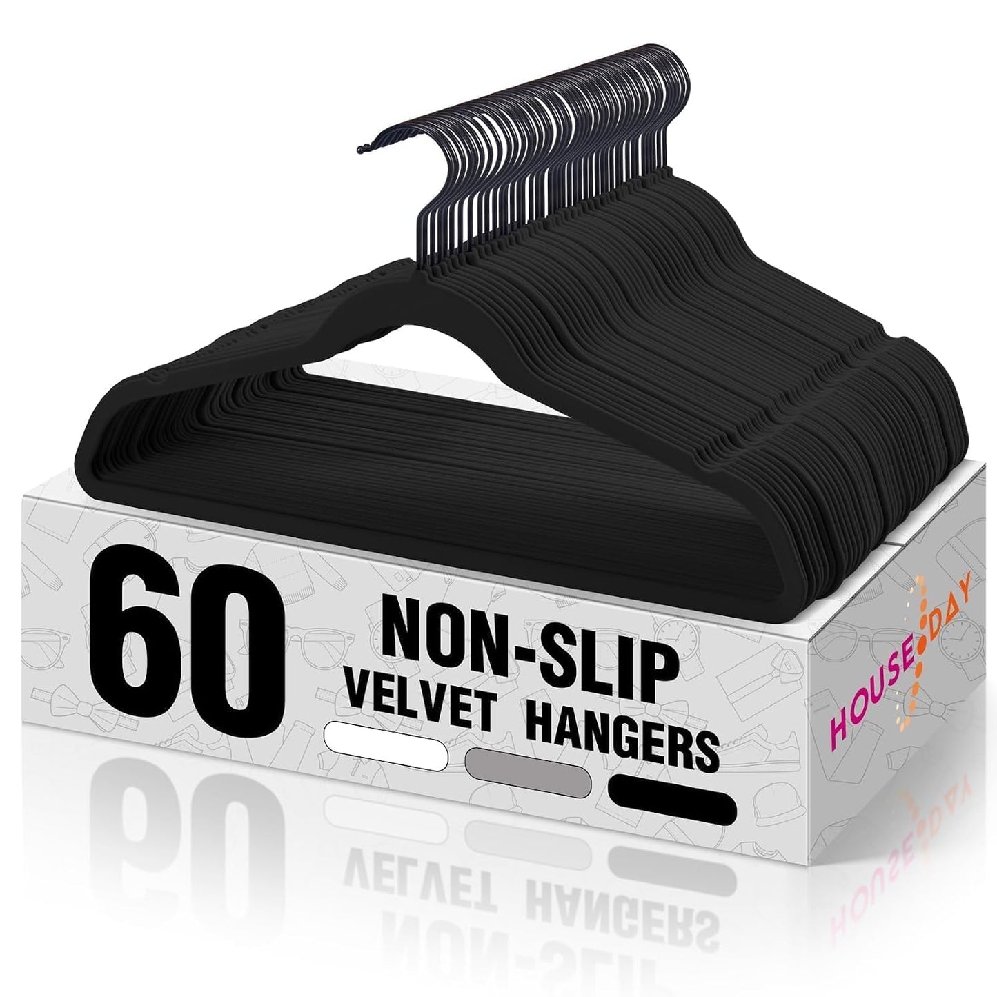 HOUSE DAY Black Velvet Hangers 60 Pack, Non Slip Felt Hanger, Slim Velvet Clothes Hangers for Suits, Shirt, Heavy Duty Coat Hanger for Closet | Slim Velvet Clothes Hangers for Suits, Shirt, Heavy Duty Coat Hanger for Closet