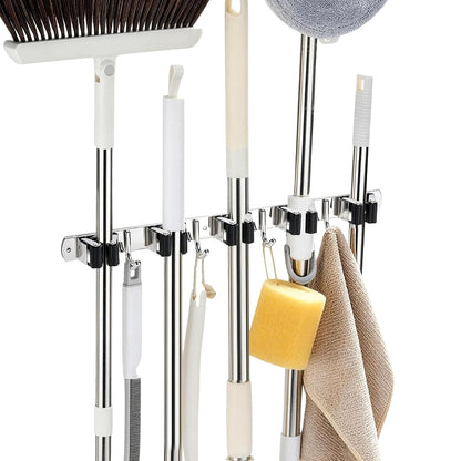 5 Racks 4 Hooks Mop and Broom Holder Wall Mount,Broom Organizer | Heavy Duty Rust-Resistant Utility Hangers, Non-Slip Grip Stainless Steel Tool Rack, Space Saver Clutter-Free Home, 1 Pc Black