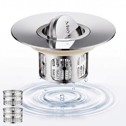 1.4"-2.6" Flip-Cover Bathtub Drain Stopper, 2 Strainers（1,Silver） | Flush-fit tool-free drain hair catcher, no springs, rustproof. Press to seal/drain, stops puddles. Durable