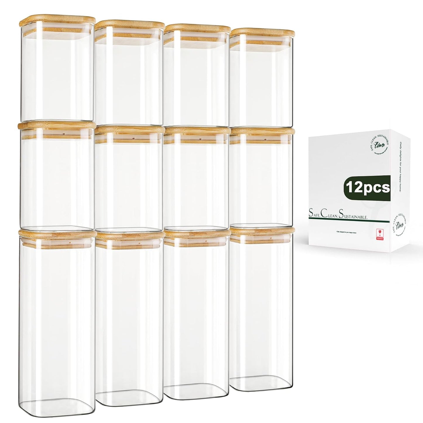 LIBWYS 12-Pack Square Glass Storage Jars with Bamboo Lids (0.6Qt/1.06Qt) - Stackable Food Containers for Pantry Organization, Coffee, Flour, Snacks, Tea | Kitchen Canisters Set