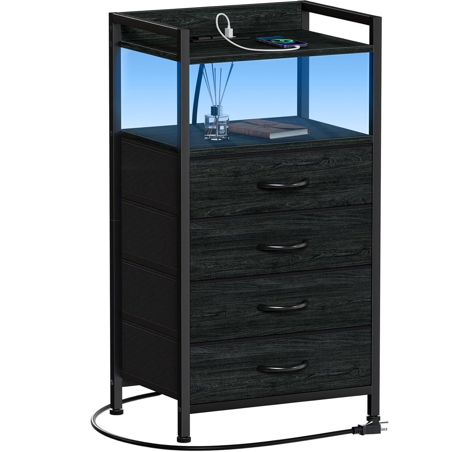 Night Stand with Charging Station,LED,Tall Bedside Table for Dorm | 4 Drawer Dresser for bedroom, with LED light & Remote Control, Fabric Bins and Metal Frame,Wood Desk Top,Easy Assemble,Black