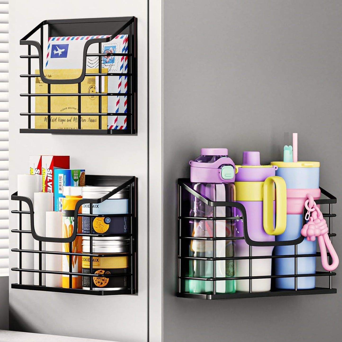 Magnetic Shelf for Fridge, 3 Pack Metal Fridge Organizer Baskets, Magnetic Cup Holder for Refrigerator, Fruit & Snack Storage, Magnetic Bin for Potatoes, Letters, Magazines, Kitchen & Laundry Room