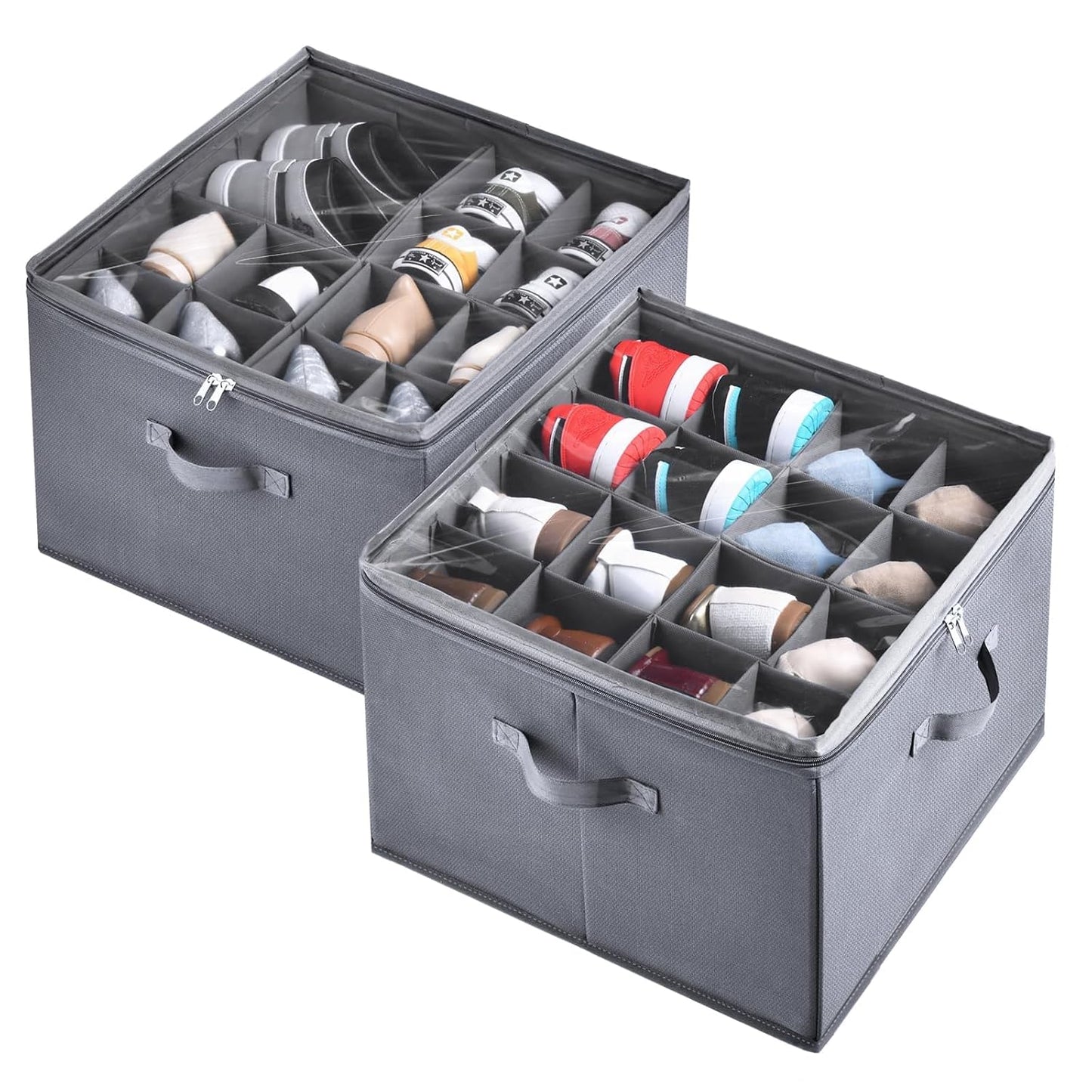 2 Pack Shoe Organizer for Closet,Fits up to 32 Pairs,Adjustable Dividers for Shoe Storage,Fabric Shoe Storage Bins with Clear Cover,Grey