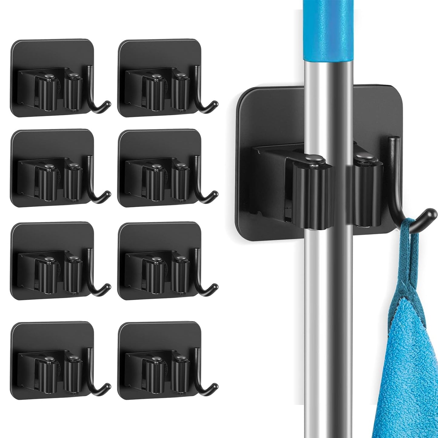 Broom and Mop Holder, Super Anti-Slip Wall Mount, Self Adhesive Gripper for Bathroom, Garage and Laundry Room Storage, Black