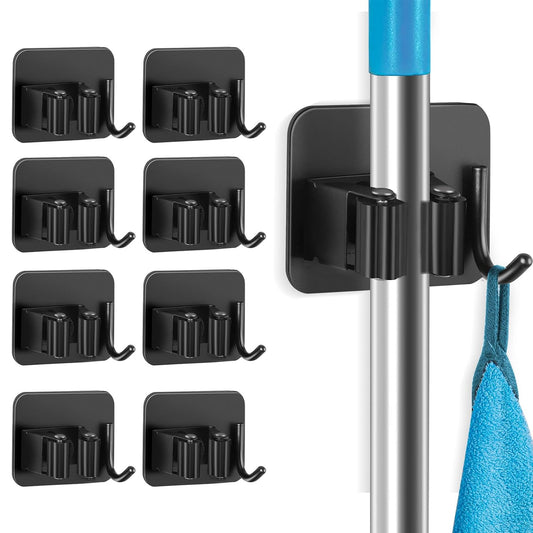 Broom and Mop Holder, Super Anti-Slip Wall Mount, Self Adhesive Gripper for Bathroom, Garage and Laundry Room Storage, Black