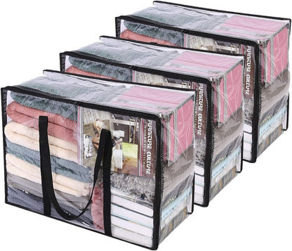 3 Pack Clear Storage Bags for Clothes Blanket Comforter & Bedding | 40L Plastic Storage Bag with Zipper, Foldable Closet Organizer, Moving Bags, Under-Bed Storage