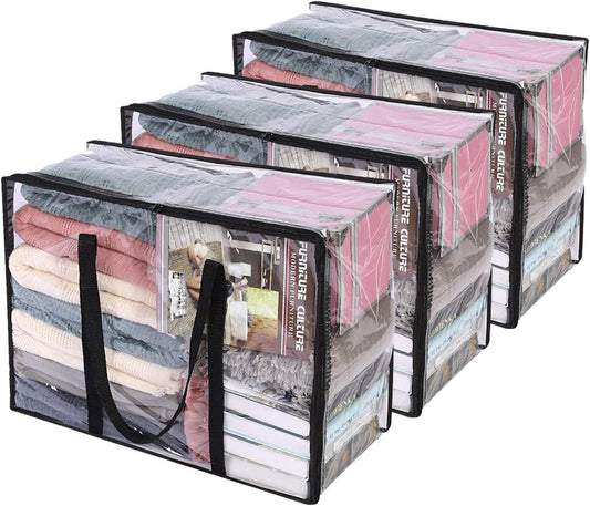 3 Pack Clear Storage Bags for Clothes Blanket Comforter & Bedding | 40L Plastic Storage Bag with Zipper, Foldable Closet Organizer, Moving Bags, Under-Bed Storage