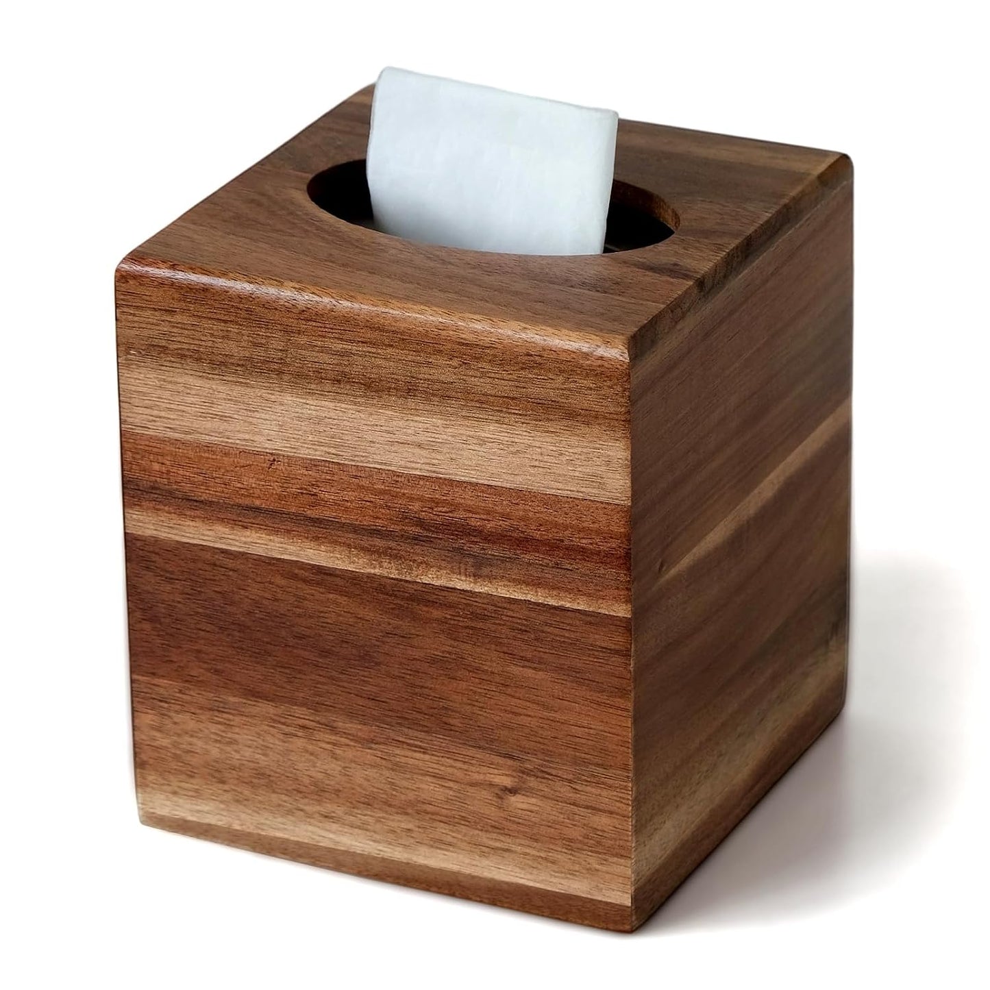 Acacia Wood Tissue Box Cover, Square Wooden Tissue Box Holder for Bathroom | Wooden Cube Tissue Cover with Slide-Out Bottom, Decorative Facial Cube Tissue Holder for Office, Modern Farmhouse Decor