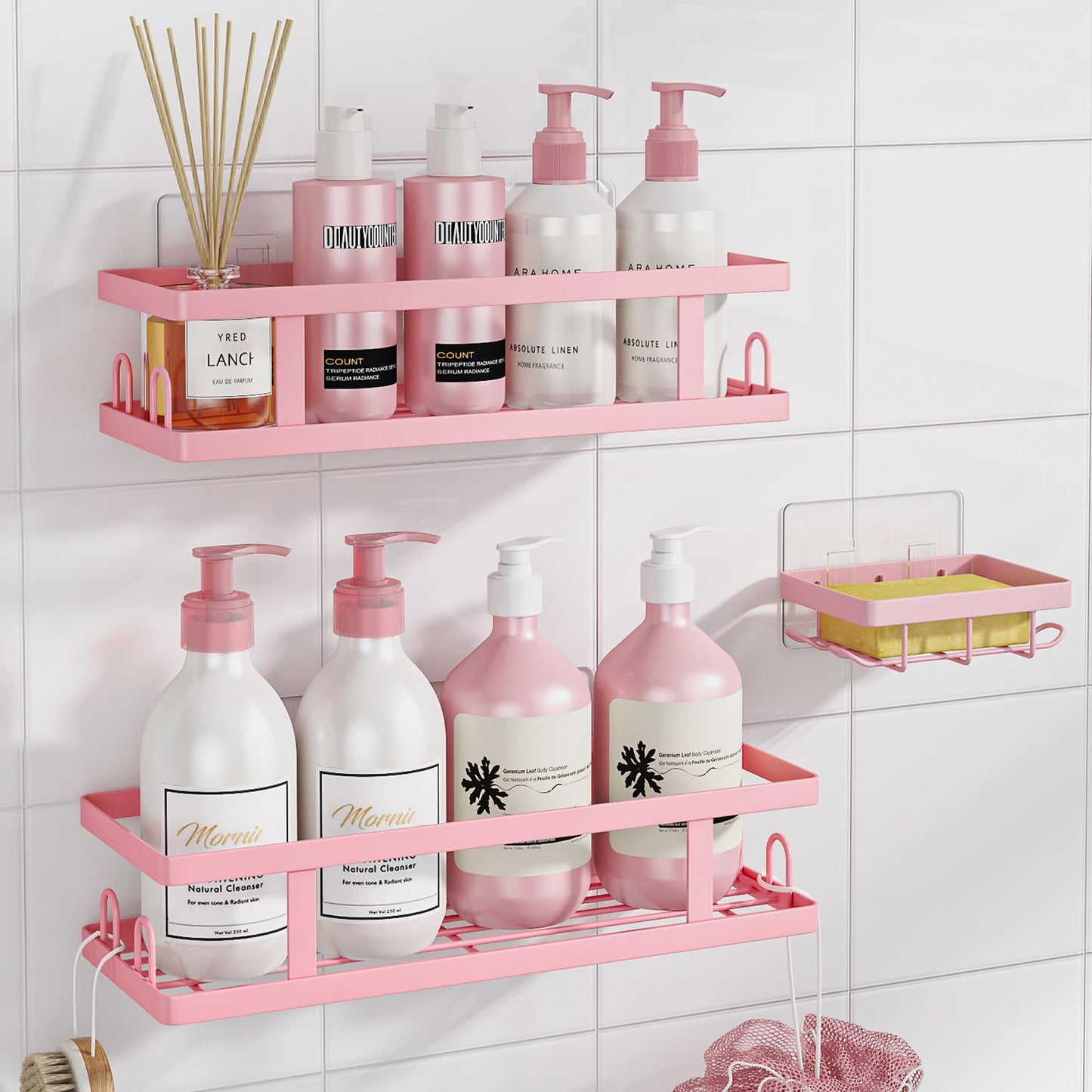 Adhesive Shower Caddy,Shower Shelves with Soap Holder and 12 Hooks,No Drilling Bathroom Organizer and Storage,Pink,3 Pack