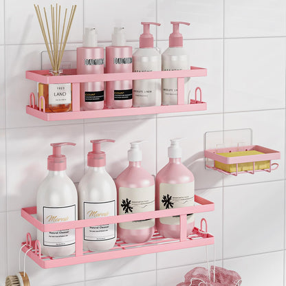 Adhesive Shower Caddy,Shower Shelves with Soap Holder and 12 Hooks,No Drilling Bathroom Organizer and Storage,Pink,3 Pack