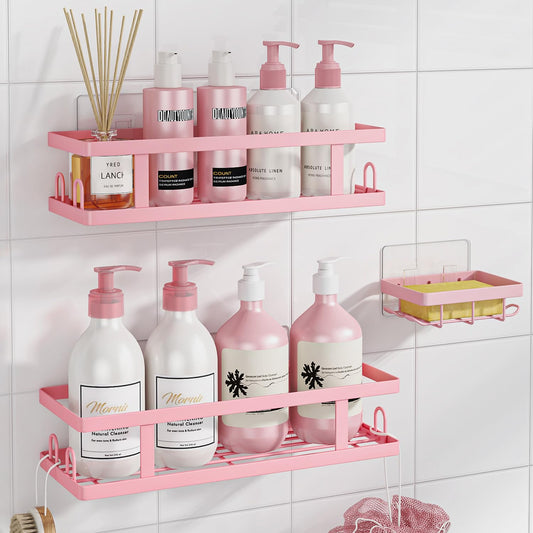 Youvip Pink Shower Caddy, 3 Pack | Shower Shelves, Stronger Adhesive, Soap Holder and 12 Hooks, No Drilling, Bathroom Organizer and Storage