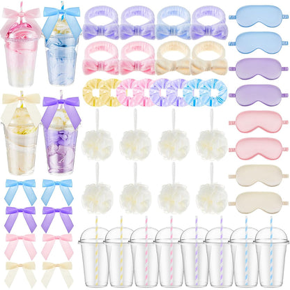 Nitial 56 Pcs Spa Party Supplies Including Spa Headband Sleep Eye Mask Velvet Scrunchies Bath Loofah Sponges Plastic Cup with Lids Straws for Sleepover Slumber Party Gift (Pink Purple Blue Yellow)