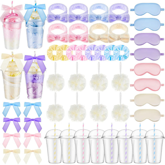 Nitial 56 Pcs Spa Party Supplies Including Spa Headband Sleep Eye Mask Velvet Scrunchies Bath Loofah Sponges Plastic Cup with Lids Straws for Sleepover Slumber Party Gift (Pink Purple Blue Yellow)