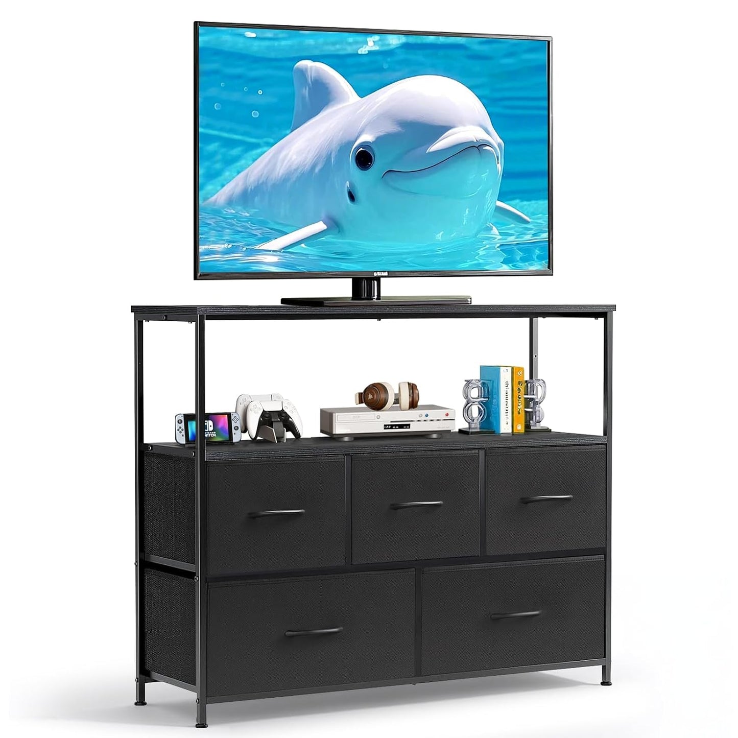 TV Stand dresser, 5 Drawers, Entertainment Center for TV up to 45 inch | Open Shelf, Storage Drawers, Media Console Table for Living Room, Bedroom, Small Space, Black