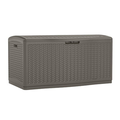 Suncast XL Deck Box, 124 Gal, Resin Wicker, Pad-Lockable Lid, Stoney Gray
