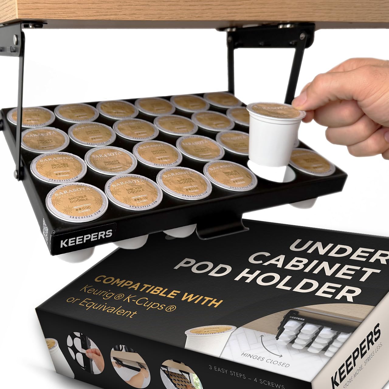 KEEPERS Under Cabinet K Cup Holder with Swing-Down Access – Space-Saving Coffee Pod Holder and K Cup Organizer for 24 Pods – Steel Coffee Pod Organizer with Easy DIY Installation