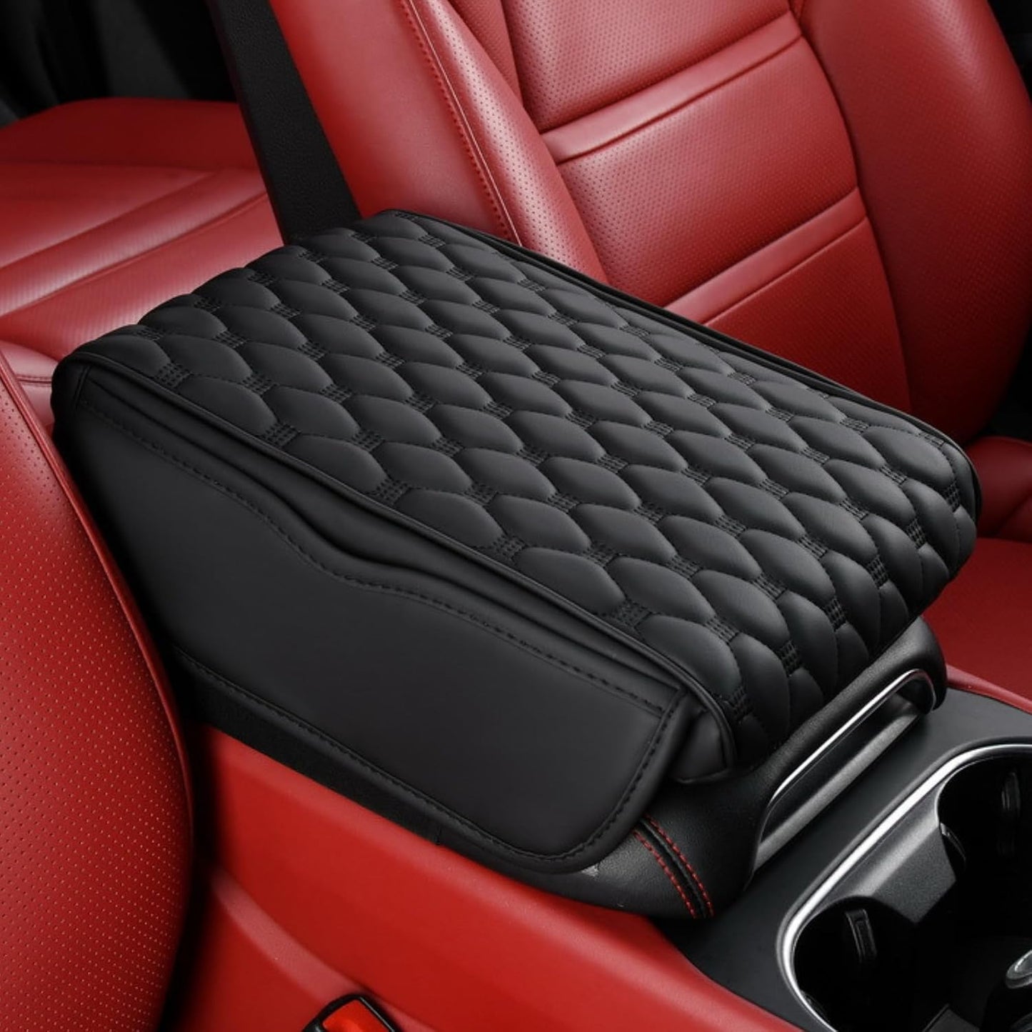 Car Armrest Cushion Pad Auto Center Console Cover with Storage Bag Memory Foam Arm Rest Console Pad Leather Universal Fit for Most Vehicles (Thick Pad, Black)