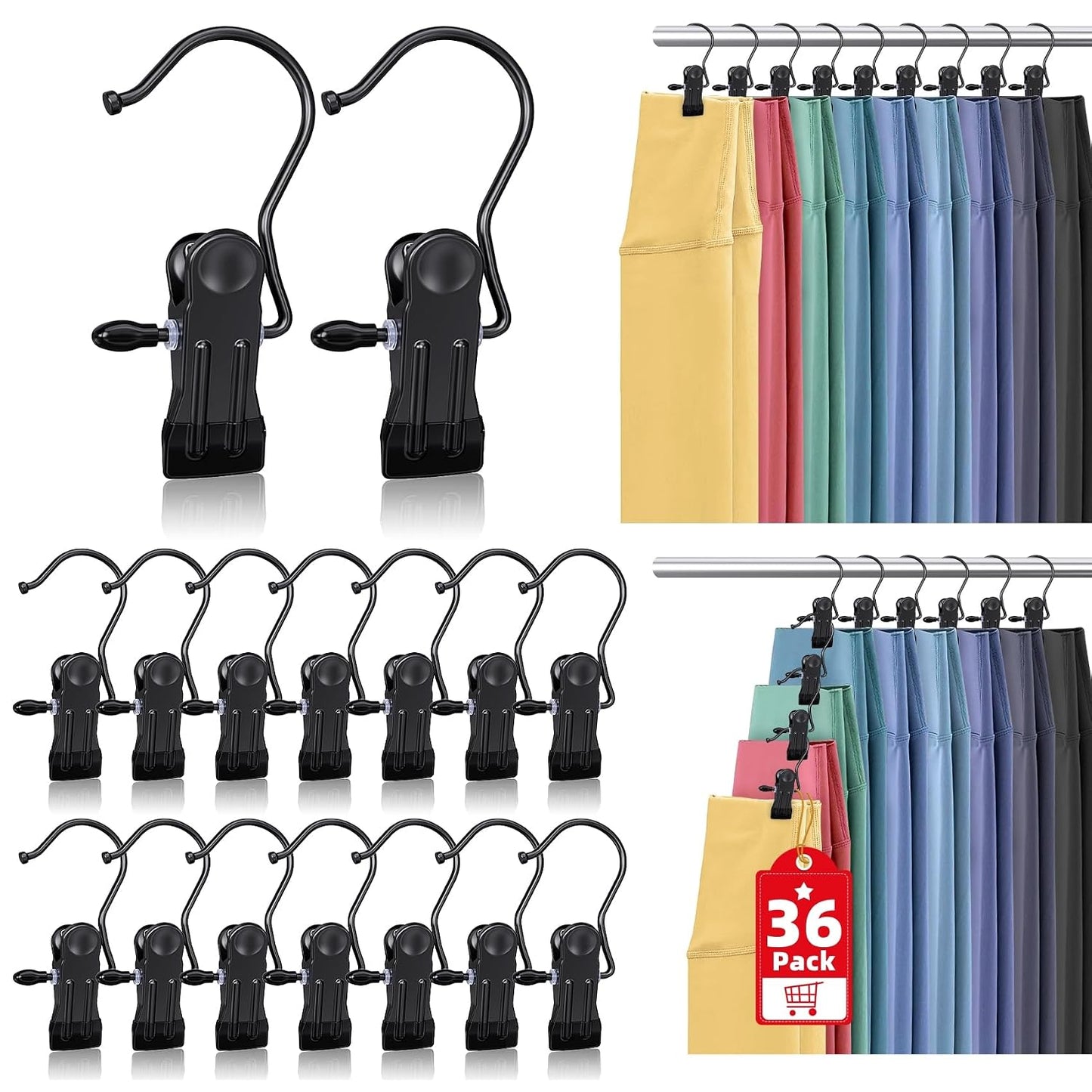 36 Pack Boot Hangers Clips for Closet, Heavy Duty Pants Hangers with Clips | Portable Legging Organizer Laundry Hanging Hooks Clothes Pins for Closet Organizers Towel Socks Hats Jeans Home Travel Black