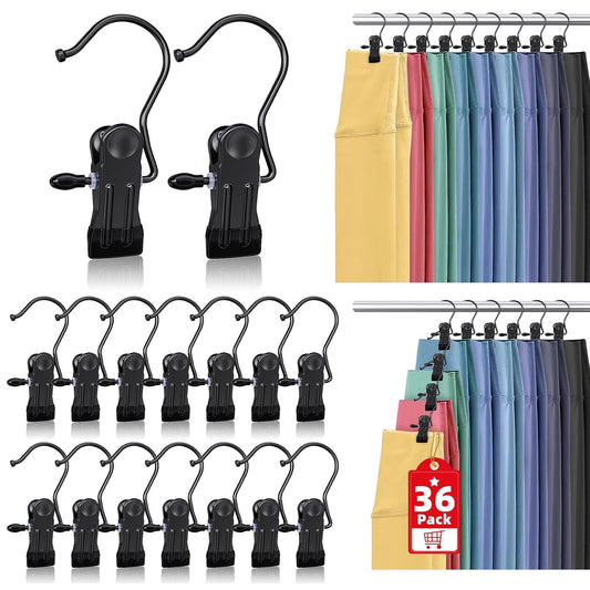 36 Pack Boot Hangers Clips for Closet, Heavy Duty Pants Hangers with Clips | Portable Legging Organizer Laundry Hanging Hooks Clothes Pins for Closet Organizers Towel Socks Hats Jeans Home Travel Black