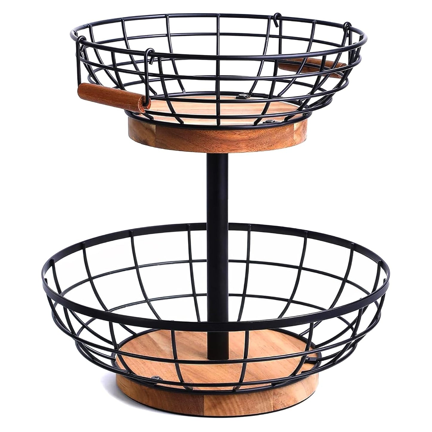 2 Tier Fruit Basket with Banana Hanger, Metal Fruit Bowl Stand with Wooden Base, Kitchen Counter Fruit Organizer for Vegetables, Bread, Snacks Storage Basket
