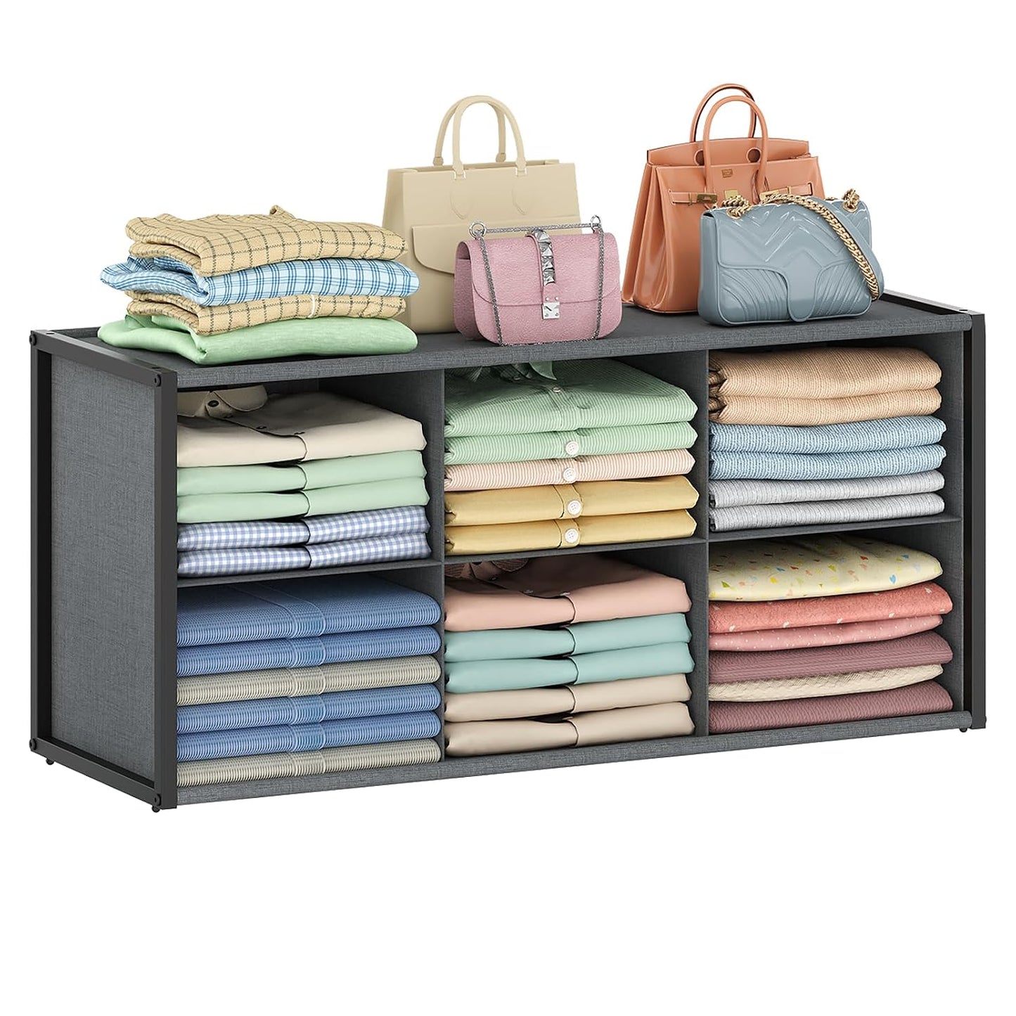 Stackable Closet Organizer Shelf,6 Cube Bins Storage Basket for Clothes, Handbags Sweaters Jeans Pants Shirt, Space Saving Closet Organizer for Bedroom Wardobe, Closet System-Grey