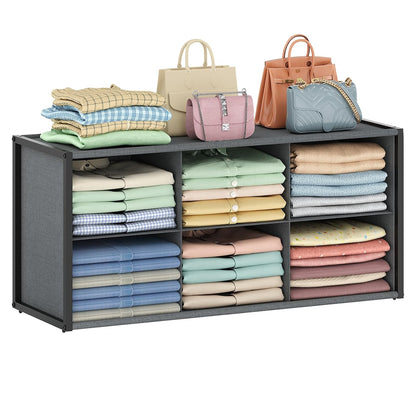 Stackable Closet Organizer Shelf,6 Cube Bins Storage Basket for Clothes, Handbags Sweaters Jeans Pants Shirt, Space Saving Closet Organizer for Bedroom Wardobe, Closet System-Grey