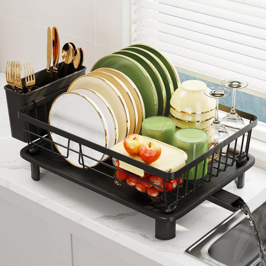 Dish Drainer Rack with Drip Tray, Sink Dish Draine... (Black | Metal)