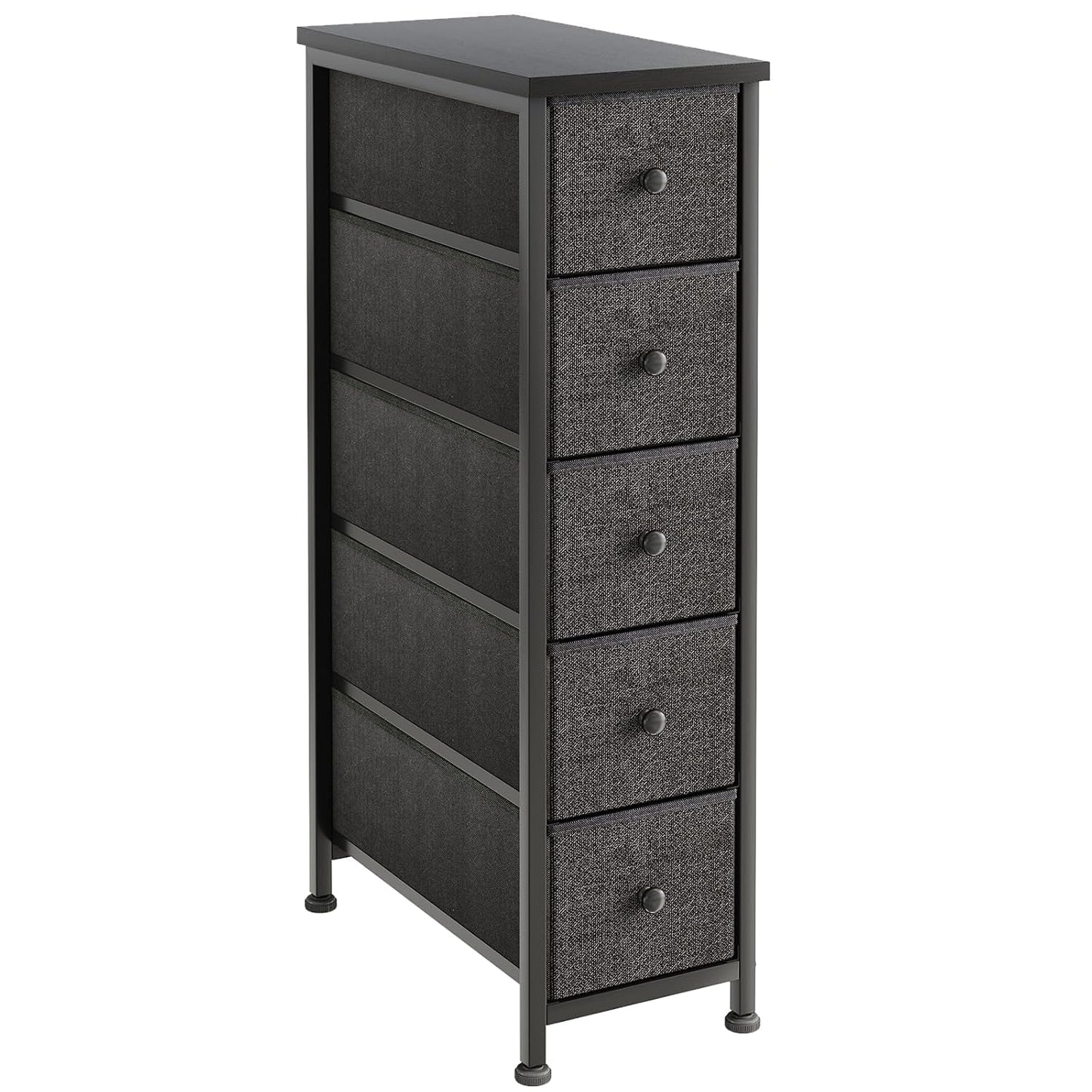 Narrow Dresser, 19" Wide Narrow Nightstand Dresser Storage Tower with 5 Drawers, Slim Fabric Dressers Chest of Drawers for Small Spaces, Wood Top & Fabric Bins for Bedroom Bathroom Closet (Black)