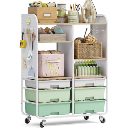 6 Drawers Rolling Storage Cabinet with Wood Top& Pegboards Green | Utility Craft Cart with Adjustable Shelves & Lockable Wheels for Classroom, Home Office & Art Studio, Household Organization