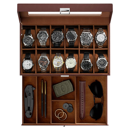 ProCase Watch Box, 12 Slot Watch Case for Men with Drawer, Espresso | 2-Layer Watches Display Case with Glass Lid, Mens Jewelry Box Storage Holder Organizer, Anniversary Christmas Birthday Gift