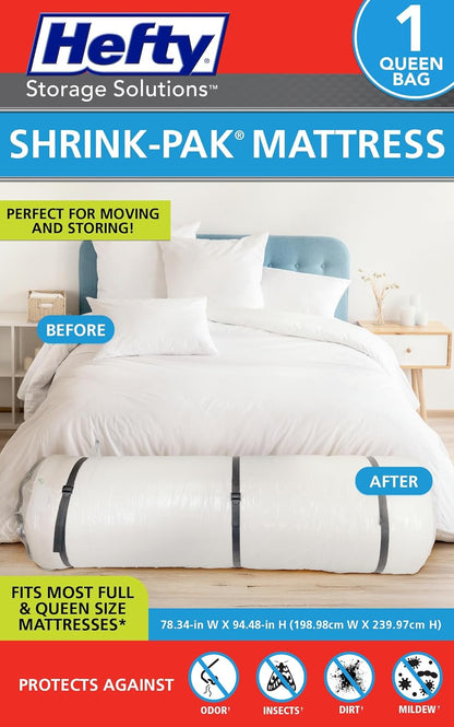 Hefty Shrink-Pak Mattress Bags for Moving – Full/Queen Size | Heavy Duty & Water Resistant Vacuum Compression Mattress Bag, Storage Protection Mattress Cover for Moving
