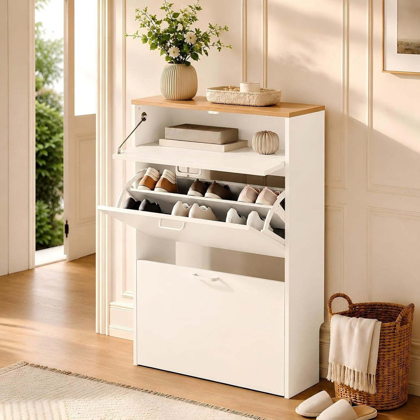 VINGLI Shoe Cabinet Storage for Entryway,White Small Narrow Shoe Rack,25" W | 8–12 Pairs,Skirting Board Cutout,Drop-Down Drawer,9.4"D Slim,Two-Tone Oak & White,2 Flip Drawers,Adjustable & Removable Shelf