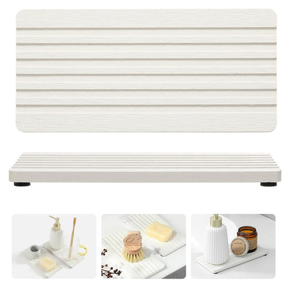 2PCS Diatomite Quick Stone Drying Tray Mat for Bathroom & Kitchen Counter, Instant Dry Water Absorbent Drink Bar Coasters,Vanity Sink Caddy Organizer,Dish Soap Sponge Holder, Ivory,8"x3.8"