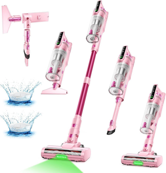 Trucozie Cordless Vacuum Cleaner, Self-Standing Lightweight Stick Vacuum with 50 mins Runtime, Powerful Suction, Anti-Tangle Wireless Vacuum for Home, Hardwood Floor, Carpet, Pet Hair, Pink