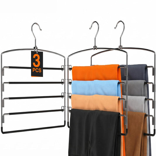 Korpai 3-Pack Pants Hangers Space-Saving Multi-Layer,150° Rotate Metal Swing Arm Non Slip Rubber Coating,Closet Organizers and Storage 360 Swivel Top Hook for Jeans,Trouser,Slacks,Skirt,Scarfs,Towels