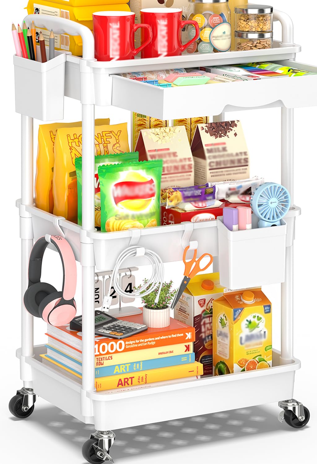 SUNALLY 3 Tier Rolling Cart with Drawer, Craft Storage Cart Organizer,White | Bathroom Storage Organizer with 2 Lockable Wheels, Rolling Utility Cart for Kitchen, Office, Baby, Makeup, Nail,Snack,Laundry